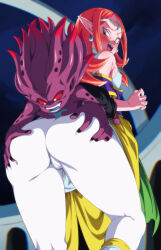 Rule 34 | 1boy, 1girl, ass, blue eyes, breasts, chronoa, colored skin, covered erect nipples, dragon ball, dragon ball heroes, earrings, jewelry, long hair, looking at viewer, open mouth, pink skin, pointy ears, potara earrings, red eyes, rom (20), sitting, small breasts, smile, thighhighs