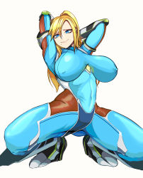 Rule 34 | 1girl, adapted costume, armlet, armored boots, arms behind head, arms up, blonde hair, blue bodysuit, blue eyes, bodysuit, boots, breasts, covered navel, full body, highres, impossible bodysuit, impossible clothes, kkun88, large breasts, long hair, metroid, mole, mole under mouth, nintendo, ponytail, sagging breasts, samus aran, skin tight, solo, spread legs, squatting, taimanin (series), taimanin suit, vambraces, white background, zero suit
