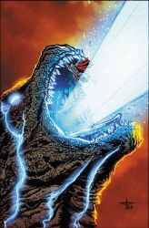 Rule 34 | abs, alien, atomic breath, blue electricity, blue eyes, breath weapon, cape, crossover, dc comics, dinosaur, drew johnson, electricity, embers, energy, energy beam, giant, giant monster, glowing, glowing eyes, godzilla, godzilla (series), godzilla vs. kong, highres, justice league, kaijuu, king kong (series), legendary pictures, monster, monsterverse, mouth beam, muscular, muscular male, no pupils, official art, open mouth, plasma, plasma beam, sea monster, sharp teeth, size difference, superhero costume, superman, superman (series), teeth, toho
