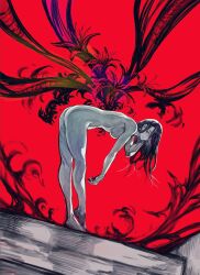 Rule 34 | 1girl, ass, barefoot, bent over, breasts, closed mouth, completely nude, floral print, from side, glasses, highres, kamishiro rize, large breasts, long hair, looking at viewer, nude, red background, smile, standing, tokyo ghoul, yourfreakyneighbourh