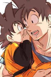 Rule 34 | 2boys, black eyes, black hair, carrying, child, dougi, dragon ball, dragonball z, father and son, hand on own face, highres, long sleeves, looking at another, male focus, miiko (drops7), multiple boys, open mouth, shaded face, smile, son goku, son goten, spiked hair, whispering
