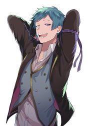 Rule 34 | 1boy, arms behind head, asymmetrical hair, bishounen, black jacket, blue hair, blue vest, buttons, collarbone, collared shirt, earrings, floyd leech, grey eyes, highres, jacket, jewelry, looking at viewer, male focus, night raven college uniform, open mouth, ororooops, sharp teeth, shirt, short hair, simple background, single earring, solo, teeth, twisted wonderland, upper body, vest, white background, yellow eyes