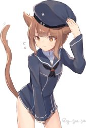 Rule 34 | 10s, 1girl, animal ears, artist name, bare legs, beret, bottomless, brown eyes, brown hair, cat ears, cat tail, clothes writing, covering privates, covering own ears, dress, flying sweatdrops, gi (melmail), hand on headwear, hat, kantai collection, kemonomimi mode, kriegsmarine, military, military uniform, sailor collar, sailor dress, sailor hat, short hair, solo, tail, twitter username, uniform, white background, z3 max schultz (kancolle)