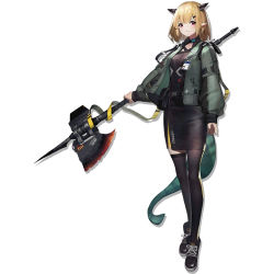Rule 34 | 1girl, arknights, artist request, axe, black footwear, black horns, black shirt, black skirt, black thighhighs, blonde hair, bob cut, female focus, full body, green jacket, hair ornament, hairclip, holding, holding polearm, holding weapon, horns, id card, jacket, long sleeves, non-web source, official art, open clothes, open jacket, pointy ears, polearm, red eyes, shirt, shoelaces, shoes, short hair, simple background, skirt, sneakers, solo, source request, tail, thighhighs, thighs, vanilla (arknights), weapon, white background