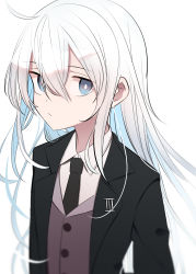 Rule 34 | 1girl, alternate costume, black necktie, blue eyes, buttons, closed mouth, collared shirt, formal, hair between eyes, hibiki (kancolle), highres, kantai collection, long hair, long sleeves, necktie, shirt, silver hair, simple background, solo, suit, tetuw, upper body, white background, white shirt