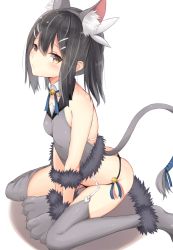 Rule 34 | 1girl, animal ears, animal hands, ass, bare shoulders, bell, black hair, black panties, blush, breasts, brown eyes, cat ears, cat tail, closed mouth, fate/kaleid liner prisma illya, fate (series), feather hair ornament, feathers, fur trim, garter straps, gloves, grey gloves, grey thighhighs, hair ornament, hairclip, highres, jingle bell, long hair, looking at viewer, miyu edelfelt, panties, paw gloves, paw shoes, shoes, sidelocks, simple background, sitting, small breasts, solo, tail, thighhighs, thighs, twintails, underwear, wariza, white background, yuzuzukushi