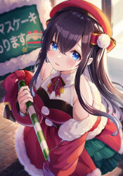 Rule 34 | 1girl, ao no neko, bare shoulders, beret, black hair, blue eyes, blush, bow, brick floor, cake, christmas, commentary request, dress, food, fur-trimmed dress, fur-trimmed jacket, fur trim, green dress, hair bow, hat, highres, holding, holding sign, jacket, long hair, off shoulder, open clothes, open jacket, original, parted lips, placard, pom pom (clothes), red bow, red dress, red hat, red jacket, santa costume, santa dress, sidelocks, sign, sleeveless, sleeveless dress, solo, window