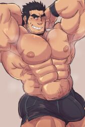 Rule 34 | 1boy, abs, absurdres, armpits, arms behind head, bara, beard stubble, black hair, black male underwear, boxers, bulge, facial hair, from side, highres, huge eyebrows, huge pectorals, juggermelon, large bulge, looking at viewer, lucas lee, male focus, male underwear, muscular, muscular male, navel, navel hair, nipples, one eye closed, scott pilgrim (series), scott pilgrim takes off, seductive smile, short hair, smile, solo, sparse navel hair, stomach, strongman waist, stubble, sweat, thick thighs, thighs, topless male, underwear, very sweaty