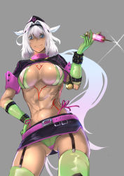 Rule 34 | 1girl, animal ears, belt, bikini, blue eyes, bracelet, caenis (fate), dark-skinned female, dark skin, duplicate, elbow gloves, fate/grand order, fate (series), florence nightingale (fate), florence nightingale (trick or treatment) (fate), gloves, green gloves, grey background, hat, holding, holding syringe, jewelry, jikihatiman, long hair, looking at viewer, nurse cap, official alternate costume, open mouth, pixel-perfect duplicate, pointy ears, ponytail, simple background, skirt, smile, solo, swimsuit, syringe, tattoo, thighhighs, white hair