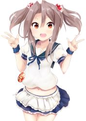 Rule 34 | 1girl, amano kouki, apron, badge, blue skirt, brown eyes, cosplay, double v, frilled skirt, frills, hair bobbles, hair ornament, highres, kantai collection, long hair, navel, open mouth, pleated skirt, puffy short sleeves, puffy sleeves, remodel (kantai collection), sazanami (kancolle), sazanami (kancolle) (cosplay), sazanami kai (kancolle), school uniform, serafuku, short sleeves, skirt, solo, twintails, v, wrist cuffs, zuihou (kancolle)