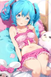 Rule 34 | 1girl, absurdres, artist name, asami-chan, bare arms, blue eyes, blue hair, blush, breasts, cleavage, collarbone, commentary, hair ornament, hatsune miku, highres, layered skirt, leg tattoo, long hair, looking at viewer, medium breasts, midriff, miniskirt, navel, number tattoo, open mouth, pillow, pink skirt, skirt, solo, stomach, tattoo, twintails, vocaloid, wavy mouth