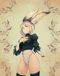 Rule 34 | 1girl, absurdres, aidenr0, animal ear fluff, animal ears, artist name, black shirt, black thighhighs, breasts, cleavage, closed mouth, commentary, crop top, english commentary, grey eyes, grey hair, groin, hand on own chest, hand up, highres, juliet sleeves, leotard, light blush, long sleeves, looking at viewer, medium breasts, mole, mole under eye, nier:automata, nier (series), puffy sleeves, rabbit ears, shirt, short hair, short sleeves, signature, smile, solo, standing, strapless, strapless leotard, swept bangs, thighhighs, thighs, turtleneck, white leotard, 2b (nier:automata)