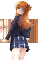 Rule 34 | &gt;:(, 1girl, bag, black jacket, blazer, blue eyes, blue skirt, bow, brown hair, closed mouth, commentary request, evangelion: 3.0+1.0 thrice upon a time, from behind, hair between eyes, hair bow, jacket, light frown, long hair, looking at viewer, looking back, neon genesis evangelion, one side up, open clothes, open jacket, pleated skirt, rebuild of evangelion, red bow, school bag, school uniform, sin (sin52y), skirt, solo, souryuu asuka langley, v-shaped eyebrows