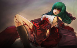 Rule 34 | 1girl, bare shoulders, black socks, blood, blood from mouth, blood on clothes, blood on face, bloody tears, blunt bangs, deep wound, felice qaddaf, glowing, glowing eyes, green hair, guro, heterochromia, highres, hole, injury, kneehighs, long hair, lying, missing limb, obi, on back, original, parted lips, pleated skirt, pool of blood, red eyes, red skirt, sash, skirt, slit pupils, socks, solo, yellow eyes