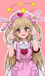 Rule 34 | 1girl, @ @, apron, blush, brown hair, commentary request, dizzy, fang, hair ornament, hand on own head, hat, highres, kuronosu (yamada1230), natori sana, nurse cap, open mouth, pink background, sana channel, seeing stars, simple background, solo, virtual youtuber