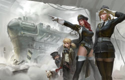 Rule 34 | 3girls, dirty, dog, gloves, hat, highres, leotard, lips, multiple girls, pointing, salute, timbougami, train, train station, uniform