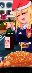 Rule 34 | 1girl, bell, black jacket, blonde hair, blush, bottle, bow, braid, breasts, chicken (food), christmas, city lights, closed eyes, commentary request, cookie (touhou), cow, fang, food, gift, hair bow, hat, holding, holding bottle, indoors, jacket, kirisame marisa, letter, long hair, long sleeves, manatsu no yo no inmu, medium breasts, open mouth, painting (object), peas, psychic parrot, red bow, rei (cookie), rice, santa hat, side braid, single braid, solo, toono (coat), touhou, turtleneck, upper body, window, wine bottle, yajuu senpai