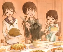 Rule 34 | 3girls, bottle, brown hair, cake, christiane barkhorn, dr rex, closed eyes, food, gertrud barkhorn, knife, long hair, military, military uniform, miyafuji yoshika, multiple girls, open mouth, sailor, short hair, strike witches, turkey (food), twintails, uniform, world witches series