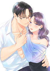Rule 34 | 1boy, 1girl, abs, black eyes, black hair, black pants, blue nails, blue shirt, collarbone, earrings, glasses, hetero, highres, holding hands, hug, jewelry, lipstick, looking at another, looking at viewer, makeup, open clothes, open shirt, original, pants, purple eyes, shirt, stud earrings, ueno haruki, white background, white shirt