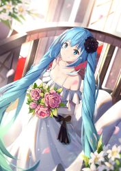 Rule 34 | 1girl, bare shoulders, black flower, black rose, blue eyes, blue hair, blurry, blurry background, blush, bouquet, bow, breasts, brown bow, cleavage, closed mouth, collarbone, depth of field, dress, flower, hair between eyes, hair flower, hair ornament, hatsune miku, highres, holding, holding bouquet, long hair, medium breasts, mobu (wddtfy61), off-shoulder dress, off shoulder, pink flower, pink rose, railing, rose, smile, solo, twintails, very long hair, vocaloid, white dress, white flower