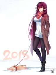 Rule 34 | 1girl, 2018, alternate costume, animal collar, black footwear, blush, boots, coat, cold, collar, dog, fate (series), hands in pockets, highres, long hair, okitakung, pantyhose, purple hair, scathach (fate), shawl, signature, snow, sweater, thighhighs, welsh corgi, white sweater, winter clothes, winter coat