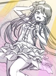Rule 34 | 1girl, :d, ;d, bare shoulders, blush, bow, center frills, commentary request, danganronpa: trigger happy havoc, danganronpa (series), dress, dutch angle, frilled dress, frills, hair bow, hair ornament, hairclip, haizai, highres, holding, holding microphone, idol, long hair, looking at viewer, maizono sayaka, microphone, one eye closed, open mouth, ribbon, sketch, skirt, smile, solo, teeth, upper teeth only