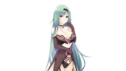 Rule 34 | 1girl, bare shoulders, breasts, character request, cleavage, elbow gloves, game cg, gloves, green hair, large breasts, legs, long hair, looking at viewer, love ecchi dessin, panties, red eyes, simple background, smile, solo, standing, thighs, underwear