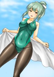 Rule 34 | 1girl, black pantyhose, blue sky, breasts, brown eyes, cloud, commentary request, competition swimsuit, covered navel, feet out of frame, from below, green hair, green one-piece swimsuit, hair ribbon, kantai collection, kudou (ooabareteng), looking at viewer, medium breasts, one-piece swimsuit, pantyhose, pantyhose under swimsuit, ponytail, ribbon, sky, solo, standing, swimsuit, towel, yuubari (kancolle), yuubari kai ni (kancolle)