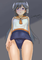Rule 34 | 1girl, absurdres, black eyes, black hair, blouse, blue one-piece swimsuit, blush, brown eyes, cowboy shot, from below, gluteal fold, gradient background, grey background, headgear, highres, i-400 (kancolle), kantai collection, long hair, mihyaeeru, one-piece swimsuit, open mouth, orange sailor collar, sailor collar, sailor shirt, school swimsuit, shirt, sleeveless, solo, standing, swimsuit, swimsuit under clothes, tan, twitter username, white shirt