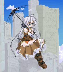 Rule 34 | 1girl, belt, blue eyes, boots, bow, dress, female focus, full body, hair bow, long hair, lowres, mof, mof&#039;s silver haired twintailed girl, oekaki, original, outdoors, ruins, silver hair, sky, solo, twintails, umbrella, very long hair