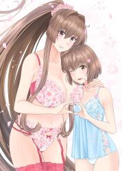 Rule 34 | 2girls, babydoll, blue panties, bra, brown eyes, brown hair, cherry blossoms, commentary request, flower, flower bra, flower panties, garter straps, hair flower, hair ornament, heart, heart hands, kantai collection, long hair, looking at viewer, multiple girls, one eye closed, panties, parted lips, ponytail, red bra, red eyes, red panties, red thighhighs, short hair, simple background, standing, takase asagiri, thighhighs, underwear, underwear only, white background, yamato (kancolle), yukikaze (kancolle)