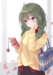 Rule 34 | 1girl, absurdres, ahoge, bag, black skirt, blouse, blue eyes, blurry, blurry background, blush, braid, cellphone, cellphone charm, charm (object), closed mouth, collared shirt, commentary request, depth of field, green hair, hair between eyes, hair over shoulder, hand up, highres, holding, holding phone, long hair, long sleeves, looking at phone, looking away, mizu (lzzrwi603), phone, princess connect!, red shirt, shirt, skirt, sleeves past wrists, solo, sweater, twin braids, yellow sweater, yuni (princess connect!), yuni (real) (princess connect!)