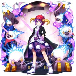 Rule 34 | 1girl, :3, animal, asymmetrical hair, black coat, coat, doreking, doremy sweet, dress, full body, hat, highres, horns, long sleeves, multicolored clothes, multicolored dress, non-web source, official art, open clothes, open coat, open mouth, pom pom (clothes), purple eyes, purple hair, red hat, rotte (1109), sheep, shoes, short hair, solo, touhou, touhou lostword, transparent background, white footwear, yellow horns