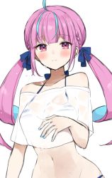 Rule 34 | 1girl, ahoge, bare shoulders, bikini, bikini under clothes, blue hair, blue nails, blue ribbon, blunt bangs, blush, closed mouth, hair ribbon, halterneck, highres, hololive, long hair, looking at viewer, minato aqua, nail polish, off-shoulder shirt, off shoulder, pink eyes, pink hair, ribbon, see-through, shirt, simple background, solo, striped bikini, striped clothes, swimsuit, tatsuyoshi (zawahomura), twintails, upper body, virtual youtuber, wet, wet clothes, white background, white shirt