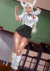 Rule 34 | 1girl, :o, animal ears, arms up, black skirt, boku no hero academia, breasts, brown footwear, classroom, cleavage, dark-skinned female, dark skin, full body, highres, indoors, koucha indian, large breasts, long eyelashes, long hair, looking at viewer, loose socks, mirko, parted bangs, partially unbuttoned, pleated skirt, rabbit ears, rabbit girl, raised eyebrows, red eyes, shirt, shirt tucked in, skirt, sleeves rolled up, socks, solo, thick thighs, thighs, upper body, white hair, white shirt, white socks