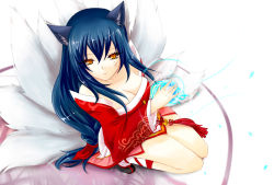 Rule 34 | 1girl, ahri (league of legends), animal ears, blue hair, braid, breasts, cleavage, detached sleeves, facial mark, fox ears, fox tail, hair ribbon, korean clothes, league of legends, long hair, mueacaty, multiple tails, ribbon, single braid, solo, squatting, tail, whisker markings, yellow eyes