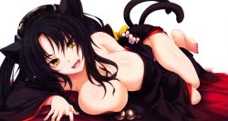 Rule 34 | 10s, 1girl, :d, absurdres, animal ears, bare shoulders, barefoot, bed, black hair, body blush, breast press, breasts, cat ears, cat girl, cat tail, cleavage, collarbone, covered erect nipples, fangs, feet, female focus, fingernails, hair between eyes, hair ornament, high school dxd, highres, japanese clothes, kimono, kuroka, kuroka (high school dxd), large breasts, leg up, legs, long hair, long image, long sleeves, looking at viewer, lying, miyama-zero, multiple tails, nail polish, no bra, no panties, off shoulder, official art, official wallpaper, on side, open clothes, open mouth, purple nails, scan, shiny skin, simple background, smile, solo, tail, thighs, toenail polish, toenails, toes, undressing, wallpaper, white background, wide image, wide sleeves, yellow eyes