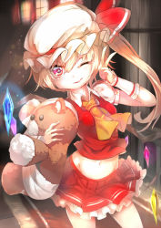 Rule 34 | + +, 1girl, ascot, bandages, bow, contrapposto, cowboy shot, fang, flandre scarlet, hat, hat bow, long hair, looking at viewer, md5 mismatch, midriff, mob cap, navel, one eye closed, puffy short sleeves, puffy sleeves, red eyes, shirt, short sleeves, side ponytail, skirt, skirt set, smile, solo, standing, stuffed animal, stuffed toy, symbol-shaped pupils, teddy bear, touhou, umagenzin, v, vest, wings, wrist cuffs