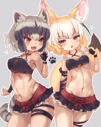 Rule 34 | 2girls, animal ears, black gloves, black hair, black skirt, blonde hair, blush, breasts, collarbone, common raccoon (kemono friends), fang, fennec (kemono friends), fingerless gloves, fox ears, fox girl, fox tail, gloves, grey hair, halloween costume, highres, kemono friends, kolshica, large breasts, looking at another, looking at viewer, medium breasts, multicolored hair, multiple girls, navel, open mouth, raccoon ears, raccoon girl, raccoon tail, short hair, skirt, smile, tail, white hair