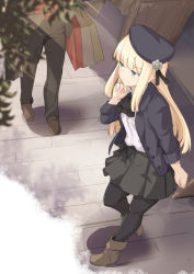 Rule 34 | 1girl, 1other, ankle boots, arm at side, ascot, bag, beret, black ascot, black headwear, black jacket, black pantyhose, blonde hair, boots, brown footwear, brown pants, brown skirt, closed mouth, fate/grand order, fate (series), flower, from above, hand on own chin, hand up, hat, jacket, long hair, long sleeves, lord el-melloi ii case files, open clothes, open jacket, pants, pantyhose, reines el-melloi archisorte, shirt, shiseki hirame, shopping bag, skirt, solo focus, white shirt