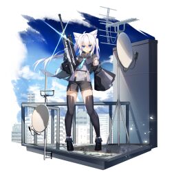 Rule 34 | 1girl, absurdres, animal ear fluff, animal ears, black footwear, black gloves, black shirt, black shorts, black sleeves, black thighhighs, blue eyes, blue necktie, blue sky, boots, border, building, cat ears, cloud, day, detached sleeves, frown, full body, gloves, gun, highres, holding, holding gun, holding weapon, light particles, long hair, long sleeves, looking at viewer, mouth hold, necktie, nyokisan, original, outdoors, outside border, railing, rifle, satellite dish, scope, shirt, shorts, single glove, sky, skyscraper, sleeves past wrists, sniper rifle, solo, sparkle, standing, thighhighs, twintails, weapon, white border, wide sleeves, wind