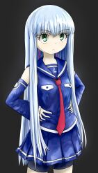 Rule 34 | 1girl, angry, aoki hagane no arpeggio, blue hair, blue shirt, blue skirt, blunt bangs, detached sleeves, green eyes, hands on own hips, highres, iona (aoki hagane no arpeggio), light blue hair, long hair, looking away, necktie, red necktie, rennes1029, school uniform, shirt, shorts, skirt, solo, standing