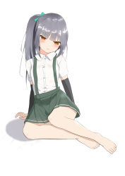 Rule 34 | 1girl, absurdres, arm warmers, barefoot, blush, bow, brown eyes, green bow, green skirt, grey hair, hair bow, highres, kantai collection, kasumi (kancolle), long hair, looking down, shirt, short sleeves, side ponytail, simple background, sitting, skirt, solo, suspenders, terry311 or perry taisa, white background, white shirt