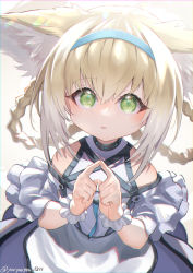 Rule 34 | 1girl, animal ear fluff, animal ears, arknights, bare shoulders, black choker, blonde hair, blush, braid, child, choker, colored tips, commentary request, fox ears, fox girl, gloves, green eyes, hairband, highres, index fingers raised, index fingers together, infection monitor (arknights), looking at viewer, multicolored hair, open mouth, smile, solo, suzuran (arknights), twin braids, twitter username, two-tone hair, upper body, white background, white hair, wrist cuffs, yo-ba yo