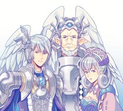 Rule 34 | 1girl, 2boys, armor, breasts, brother and sister, cape, family, father and daughter, father and son, gradient background, hallo-byby, hat, head wings, headpiece, kallian antiqua, medium breasts, melia antiqua, multiple boys, nintendo, short hair, siblings, silver hair, sorean antiqua, upper body, white background, wings, xenoblade chronicles (series), xenoblade chronicles 1