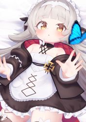 Rule 34 | 1girl, :o, apron, azur lane, bed sheet, black dress, black jacket, blurry, blurry foreground, blush, brown eyes, bug, butterfly, commentary request, depth of field, dress, frilled dress, frills, grey hair, headpiece, highres, insect, jacket, kokone (coconeeeco), long hair, long sleeves, looking at viewer, lying, maid, maid headdress, official alternate costume, on back, open clothes, open jacket, parted lips, puffy long sleeves, puffy sleeves, solo, very long hair, white apron, z46 (azur lane), z46 (chronicles of the dust wars) (azur lane)