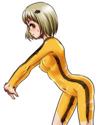 Rule 34 | 10s, 1girl, bad id, bad pixiv id, blonde hair, bodypaint, breasts, bruce lee&#039;s jumpsuit, cowboy shot, false clothes, green eyes, hair ornament, hairclip, huang baoling, medium breasts, naked paint, navel, nipples, nude, painted clothes, short hair, solo, stretching, sugiya manao, sweatdrop, tiger &amp; bunny