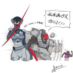 Rule 34 | 2girls, 4boys, alternate costume, arm blade, assassin (overwatch), blackwatch (overwatch), blackwatch cassidy, blackwatch genji, blackwatch moira, blackwatch reyes, cassidy (overwatch), charging forward, chibi, english text, engrish text, genji (overwatch), heavy assault (overwatch), moira, multiple boys, multiple girls, overwatch, overwatch 1, ranguage, reaper (overwatch), solo focus, squidsmith, translation request, weapon