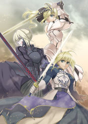 Rule 34 | 00s, 3girls, armor, armored dress, artoria pendragon (fate), blonde hair, caliburn (fate), capcom, dress, dual persona, duplicate, excalibur (fate/stay night), excalibur morgan (fate), fate/stay night, fate/unlimited codes, fate (series), glowing, glowing weapon, green eyes, long hair, multiple girls, multiple persona, nina (pastime), ponytail, saber (fate), saber alter, saber lily, sword, weapon