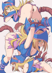 Rule 34 | 1girl, anus, ass, bent over, blonde hair, blue headwear, blush, breasts, censored, cleavage, collarbone, cum, dark magician girl, duel monster, green eyes, hat, large breasts, long hair, looking at viewer, looking back, multiple views, open mouth, penis tentacle, pentacle, prone bone, pussy, restrained, sex, sex from behind, shiseki hirame, tentacle sex, tentacles, thighs, vaginal, wizard hat, yu-gi-oh!, yu-gi-oh! duel monsters